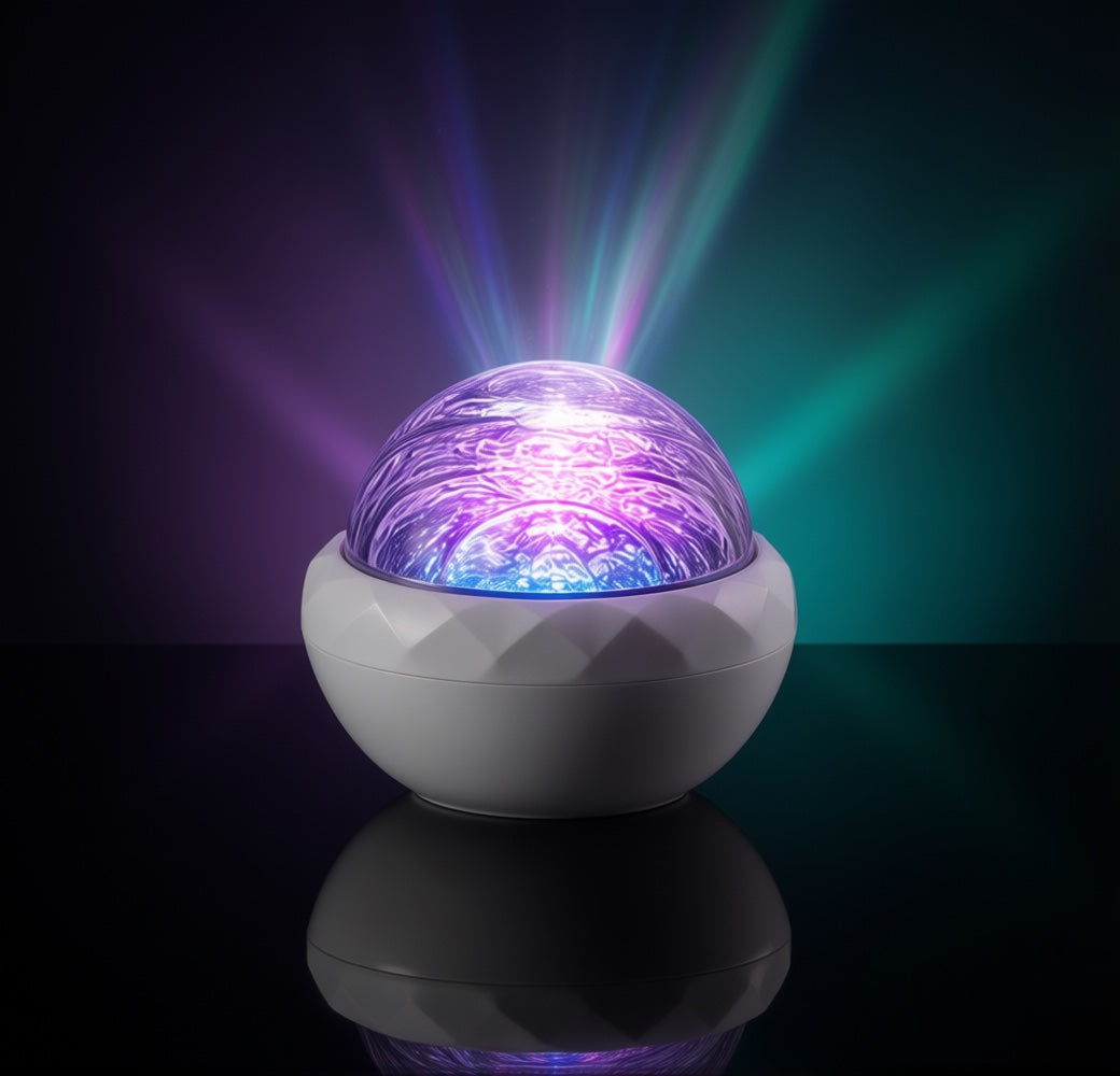 Lámpara proyector Lumika con aurora violeta y turquesa sobre fondo oscuro (imagen ilustrativa creada con IA)